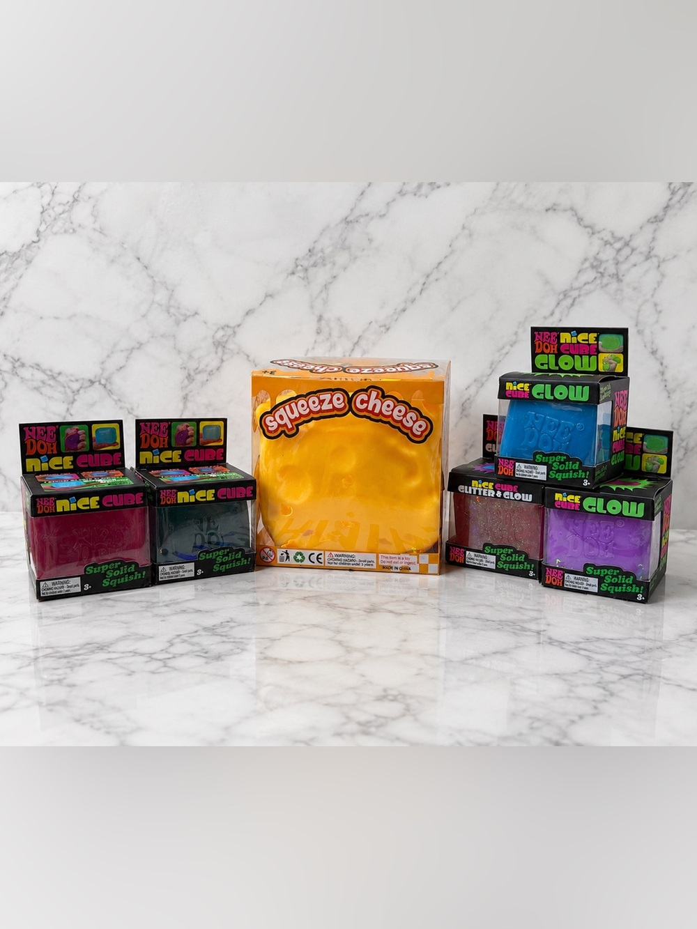 Set of Needoh Nice Cube Glitter Glow $ Squeeze Cheese Squishy Toy -